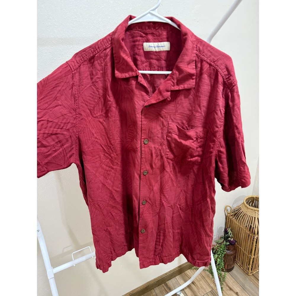 Tommy Bahama Silk Blend Shirt Men's L Burgundy Red Leaf Print Camp Button Up
